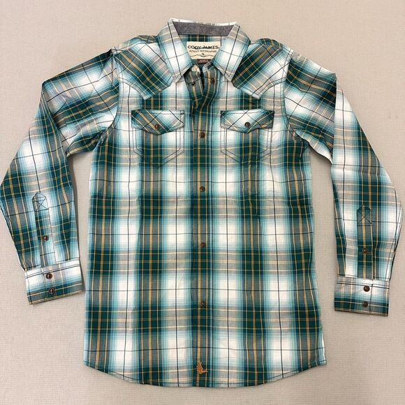 Green and White Plaid Button Down Shirt with Western Style - Picture 1 of 4